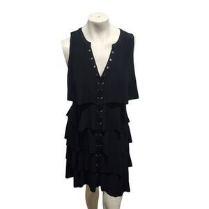White House Black Market Black Tiered Ruffle Lace-Up Dress Size M Sleeveless